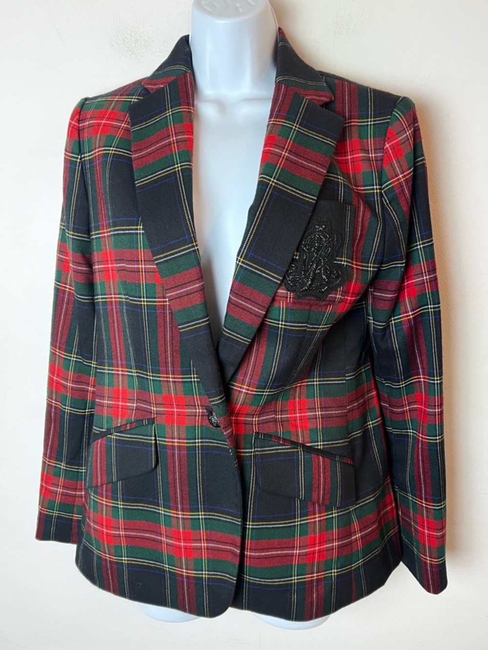 SZ 4 Lauren Ralph Lauren Preppy
Tartan Plaid Print Holiday One Button Blazer
